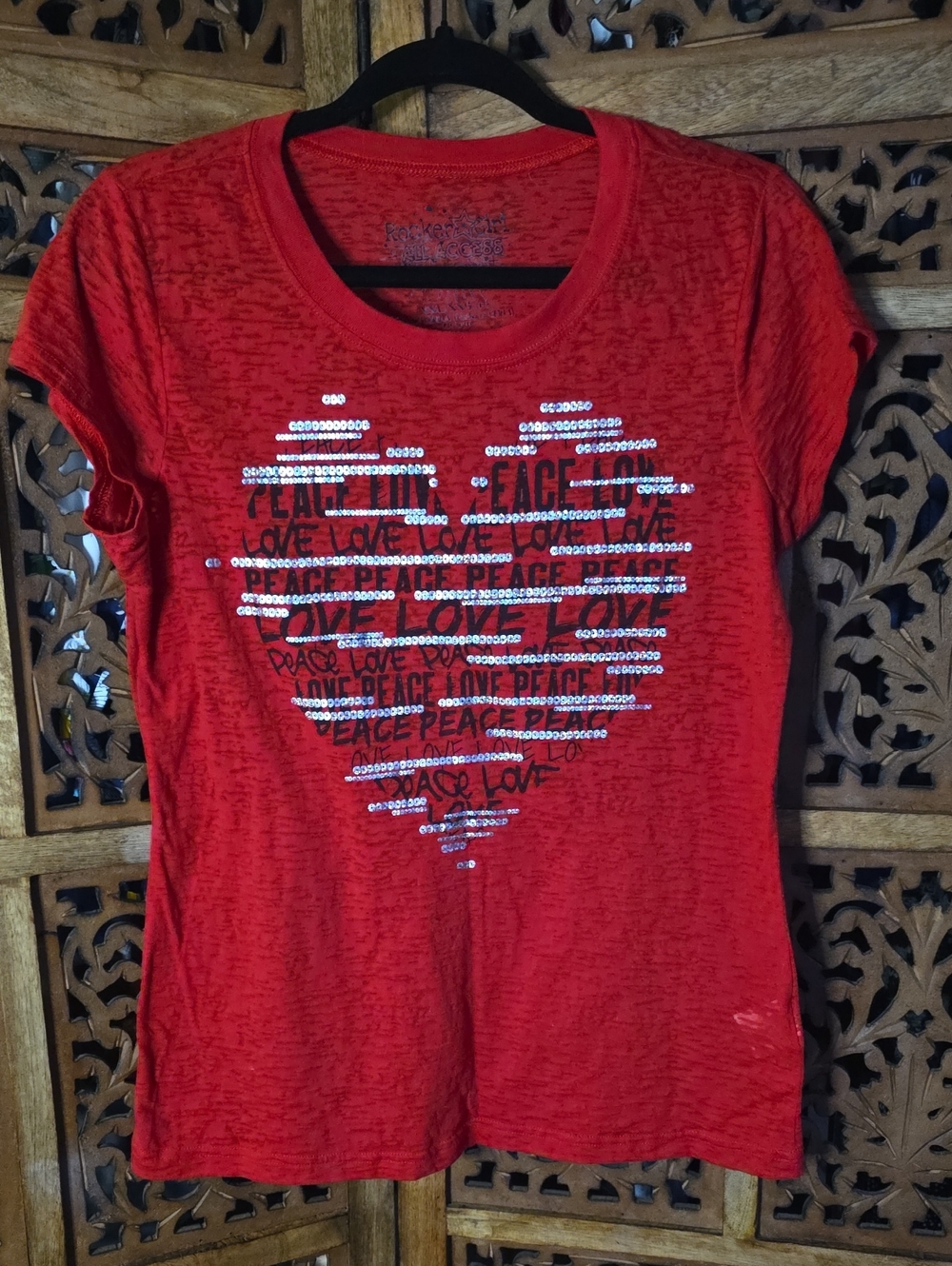 Womens' Red Sequin Heart Short Sleeve Tee